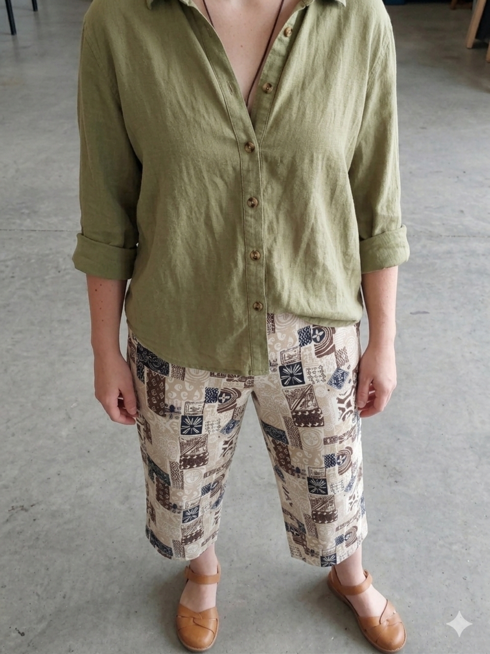 Kim Rogers Tribal Patchwork Crop Pants Brown Tan Beige Size 12 Boho Coastal